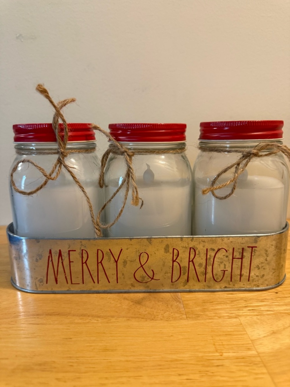 Rae Dunn Mason Jar Candle Trio with Red Lids and Gold Holder
